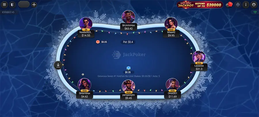 JackPoker live poker table — 6-player Texas Hold'em